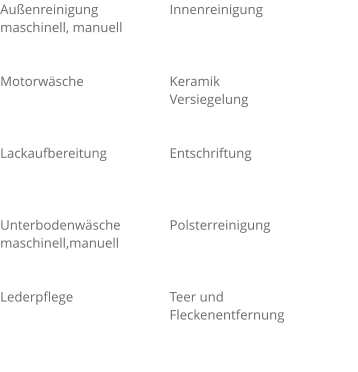 Außenreinigung  maschinell, manuell   Motorwäsche    Lackaufbereitung    Unterbodenwäsche  maschinell,manuell   Lederpflege   Innenreinigung    Keramik   Versiegelung   Entschriftung    Polsterreinigung    Teer und  Fleckenentfernung